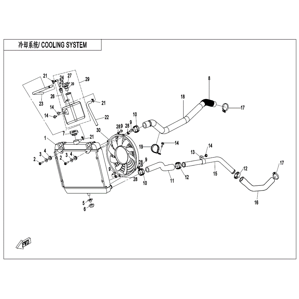 An Image of a genuine CFMOTO Parts Schematic Diagram showing the group - COOLING SYSTEM - 2022 CFMOTO CFORCE 400