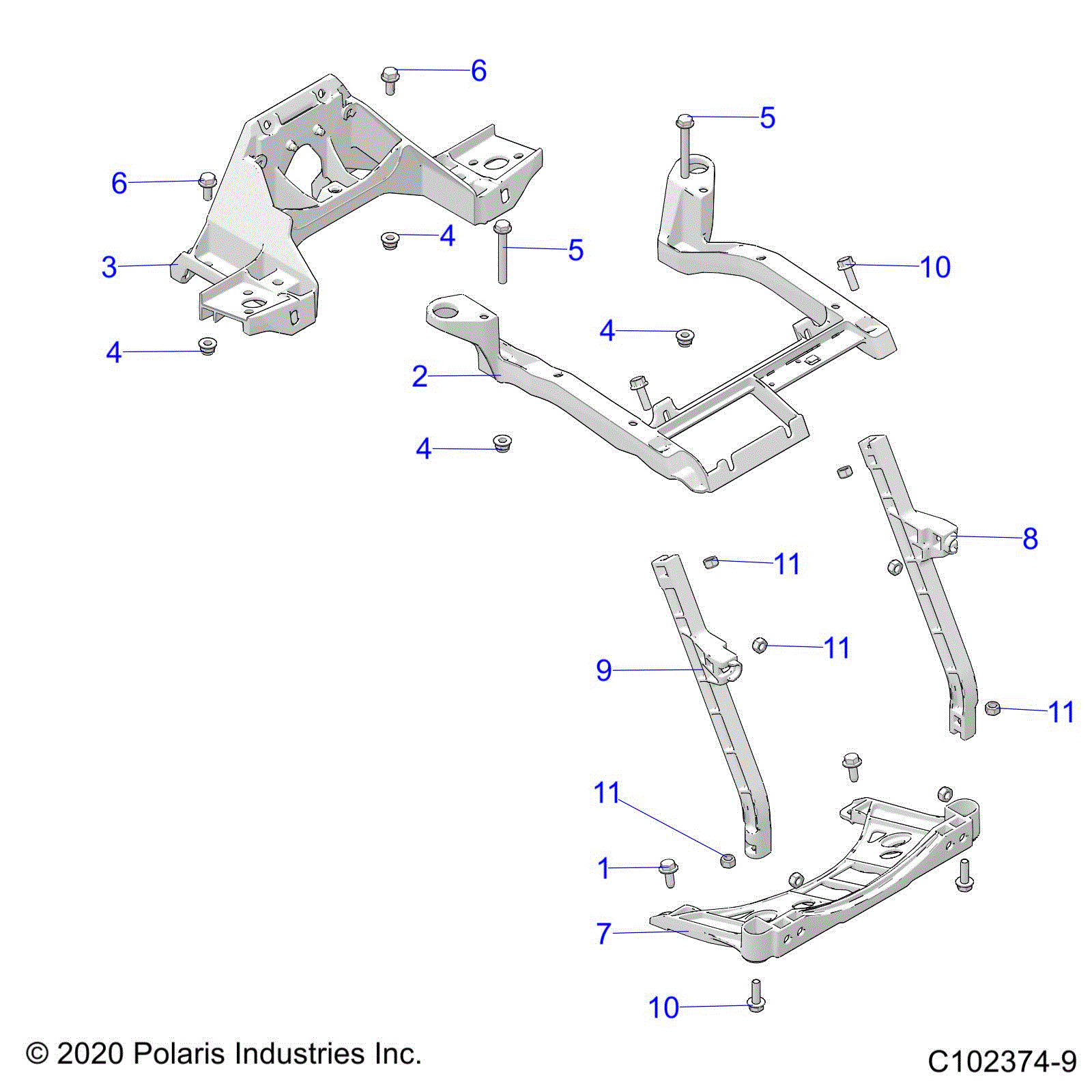 An Image of a Genuine Polaris Parts Schematic Diagram showing the schematic - BODY: FRONT RACK SUPPORT - 2021 POLARIS SCRAMBLER 850 48"