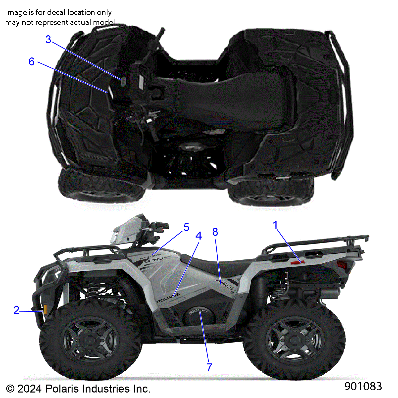 An Image of a Genuine Polaris Parts Schematic Diagram showing the schematic - BODY: DECALS GRAPHIC - 2025 POLARIS SPORTSMAN 570 EPS EBS RC LE