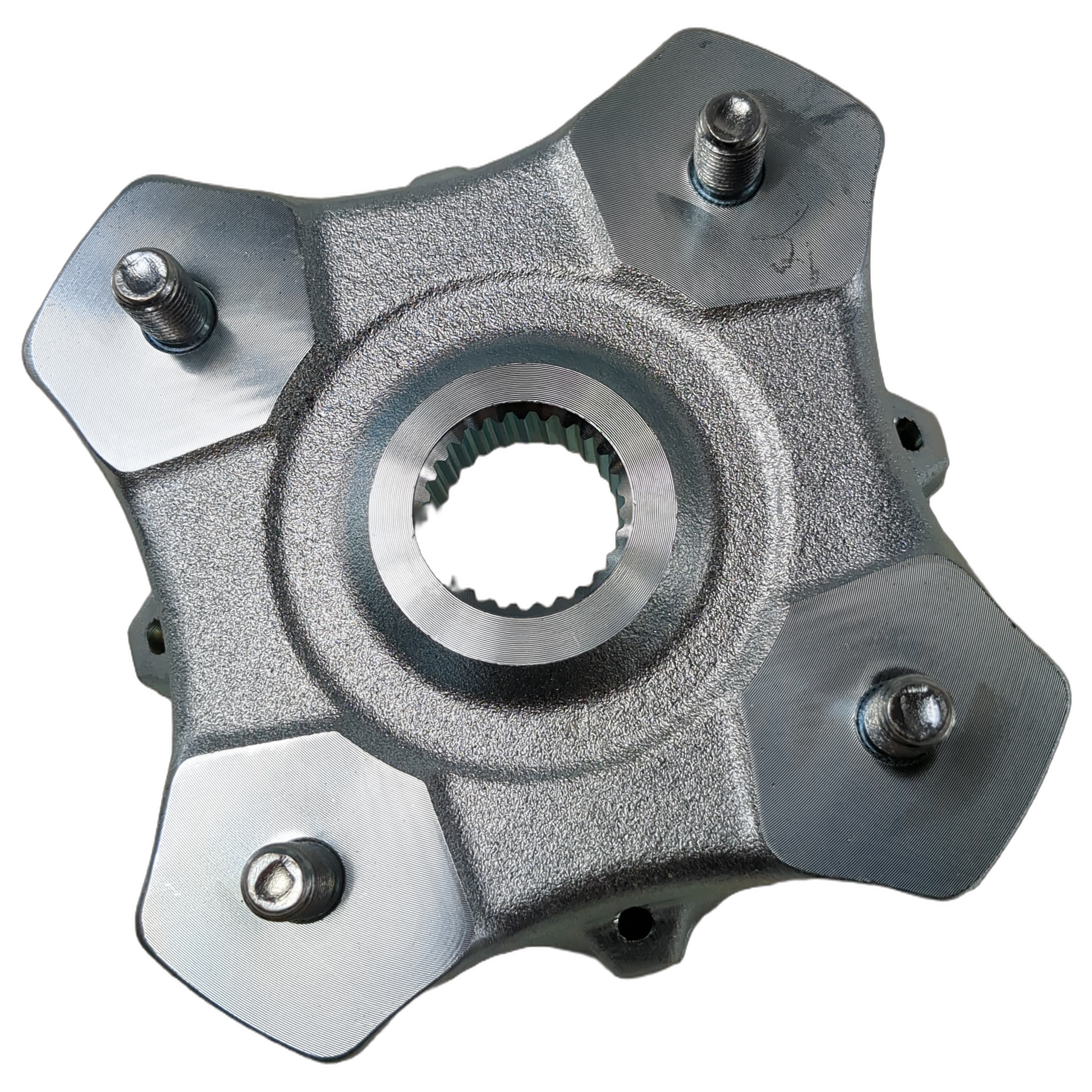 Silver metallic wheel hub assembly with four threaded studs and central splined hole, rugged finish.