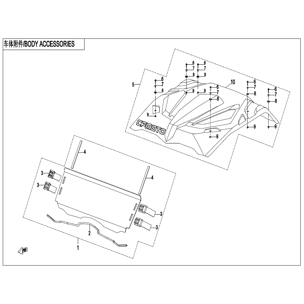 An Image of a Genuine CFMOTO Parts Schematic Diagram showing the schematic - BODY ACCESSORIES (ORDINARY) - 2022 CFMOTO ZFORCE 800 EX