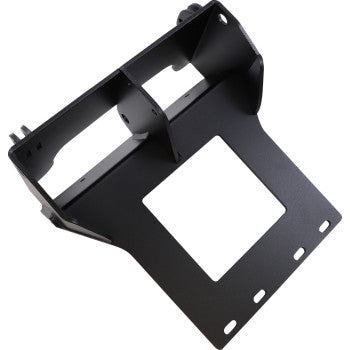 Black metal plow mount bracket with cutouts and multiple bolt holes designed for offroad vehicles.