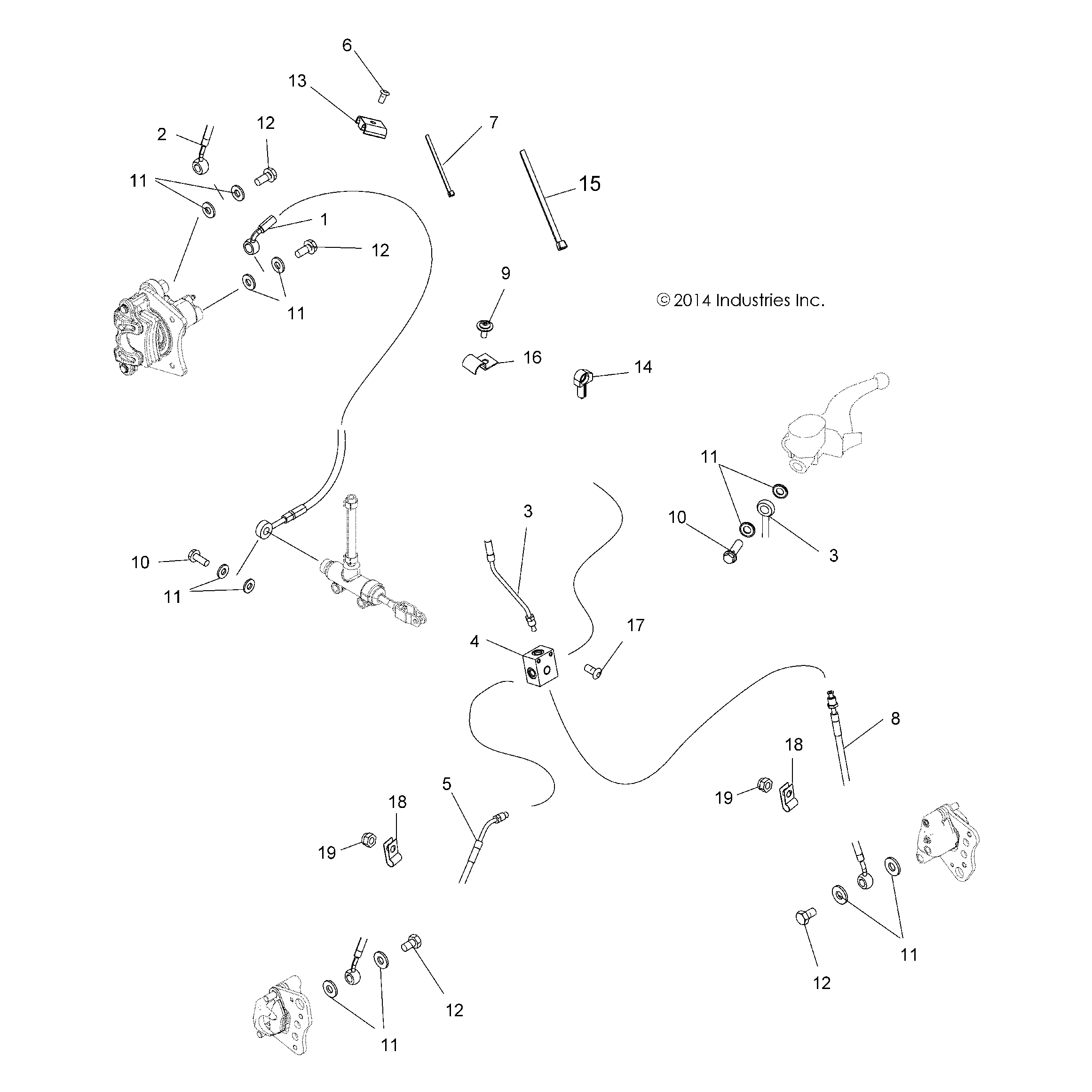 An Image of a Genuine Polaris Parts Schematic Diagram showing the schematic - BRAKES: BRAKE LINES - 2016 POLARIS SPORTSMAN 570 SP