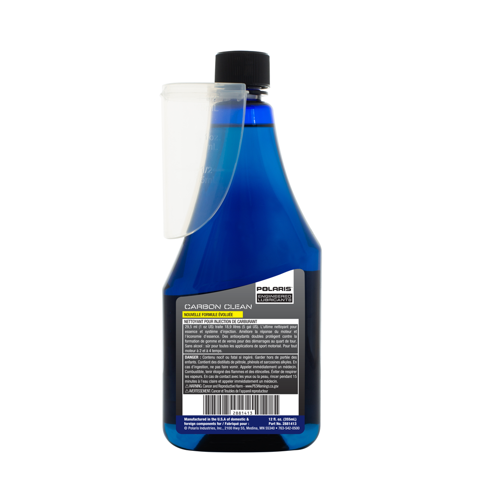 Blue plastic bottle of Polaris Carbon Clean Fi 12 oz with black cap and attached clear measuring cup.
