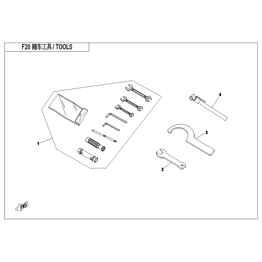 An Image of a genuine CFMOTO Parts Schematic Diagram showing the group - TOOLS - 2019 CFMOTO CFORCE 500 S