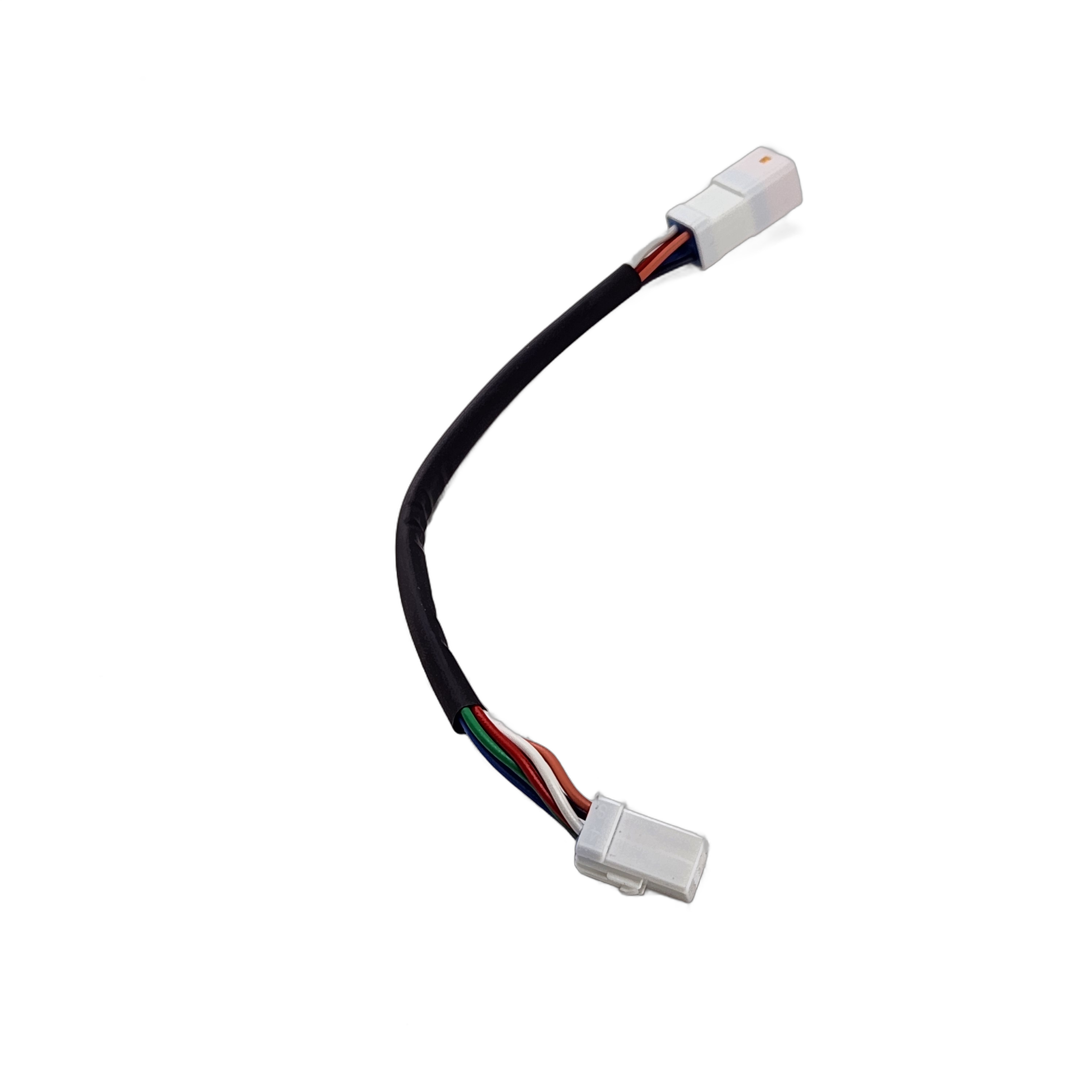 The Throttle By Wire Extension 8" by Barnett is a black electrical wire with white plastic connectors on both ends and multiple colored inner wires, perfect for single harness setups.
