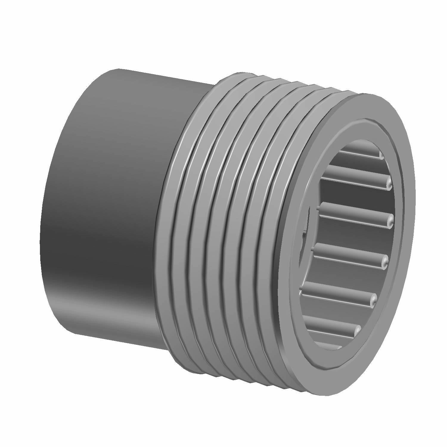 Gray cylindrical one-way drive clutch with multiple metal internal splines and external ridges.