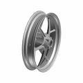 Silver cast motorcycle front wheel with six spokes and central hub opening.