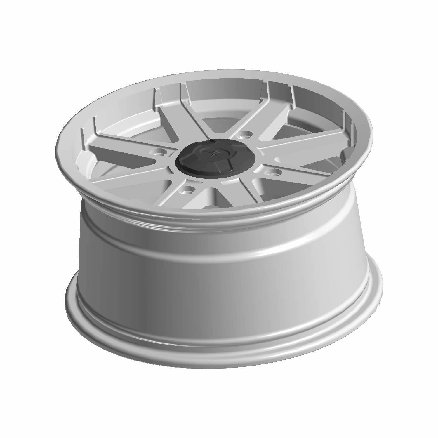 Silver rear alloy rim with six spokes and central hub, 14 x 7.5 inches size.