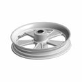 Polished aluminum front motorcycle wheel with deep rim and eight tapered spokes.
