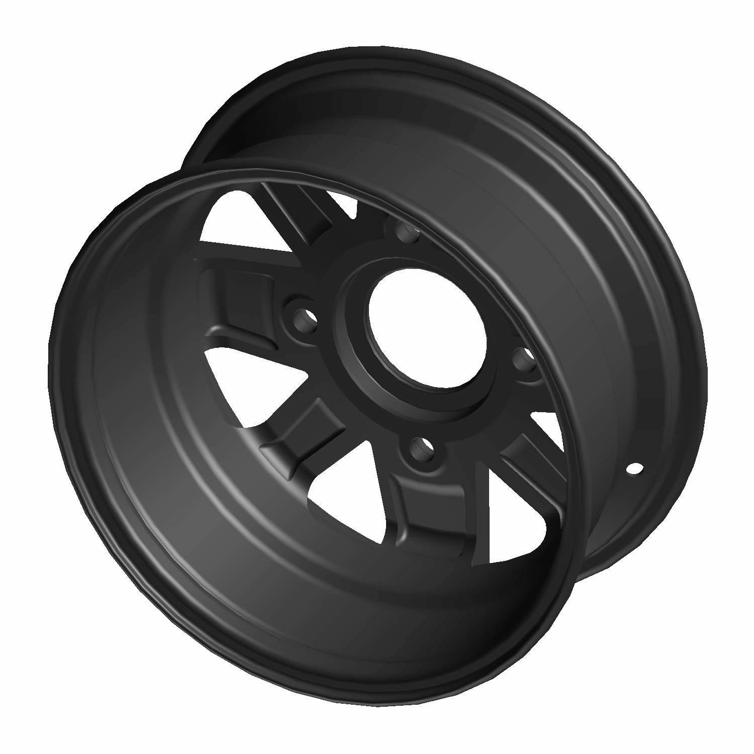 Matte black cast aluminum front wheel with six spokes and a 14x6 size.