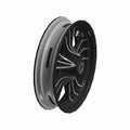 16-inch black cast front motorcycle wheel with multi-spoke design and polished rim edge.