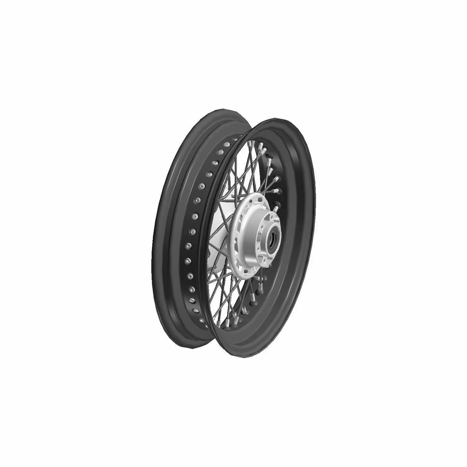Chrome front motorcycle wheel with black rim and metal spokes, laced design.
