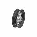 Chrome front motorcycle wheel with black rim and metal spokes, laced design.