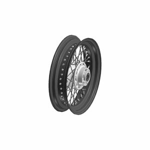 Chrome front motorcycle wheel with black rim and metal spokes, laced design.
