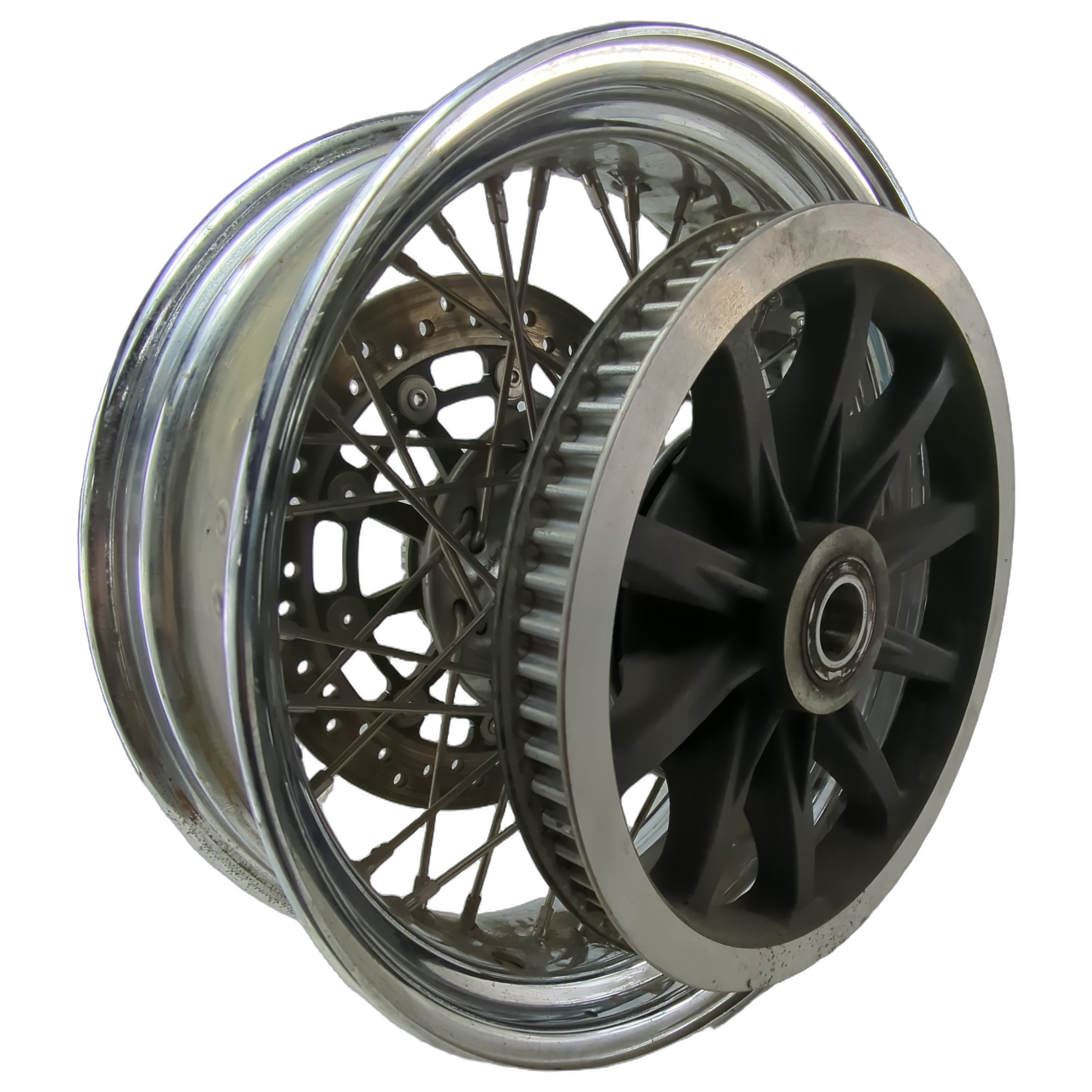 Chrome rear motorcycle wheel with spokes, black pulley, and rotor attached.