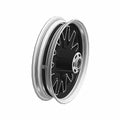Black cast aluminum motorcycle front wheel with silver rim and multiple spokes.