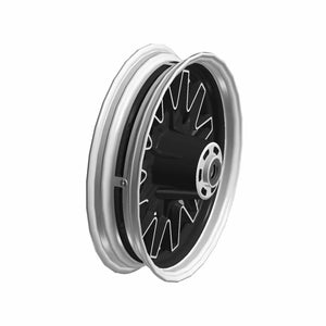 Black cast aluminum motorcycle front wheel with silver rim and multiple spokes.