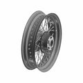 Black metal front motorcycle wheel with wire spokes, 16x3.5 size, polished hub center.