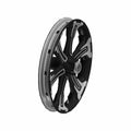 Flat black cast front motorcycle wheel with six split spokes and silver accents.