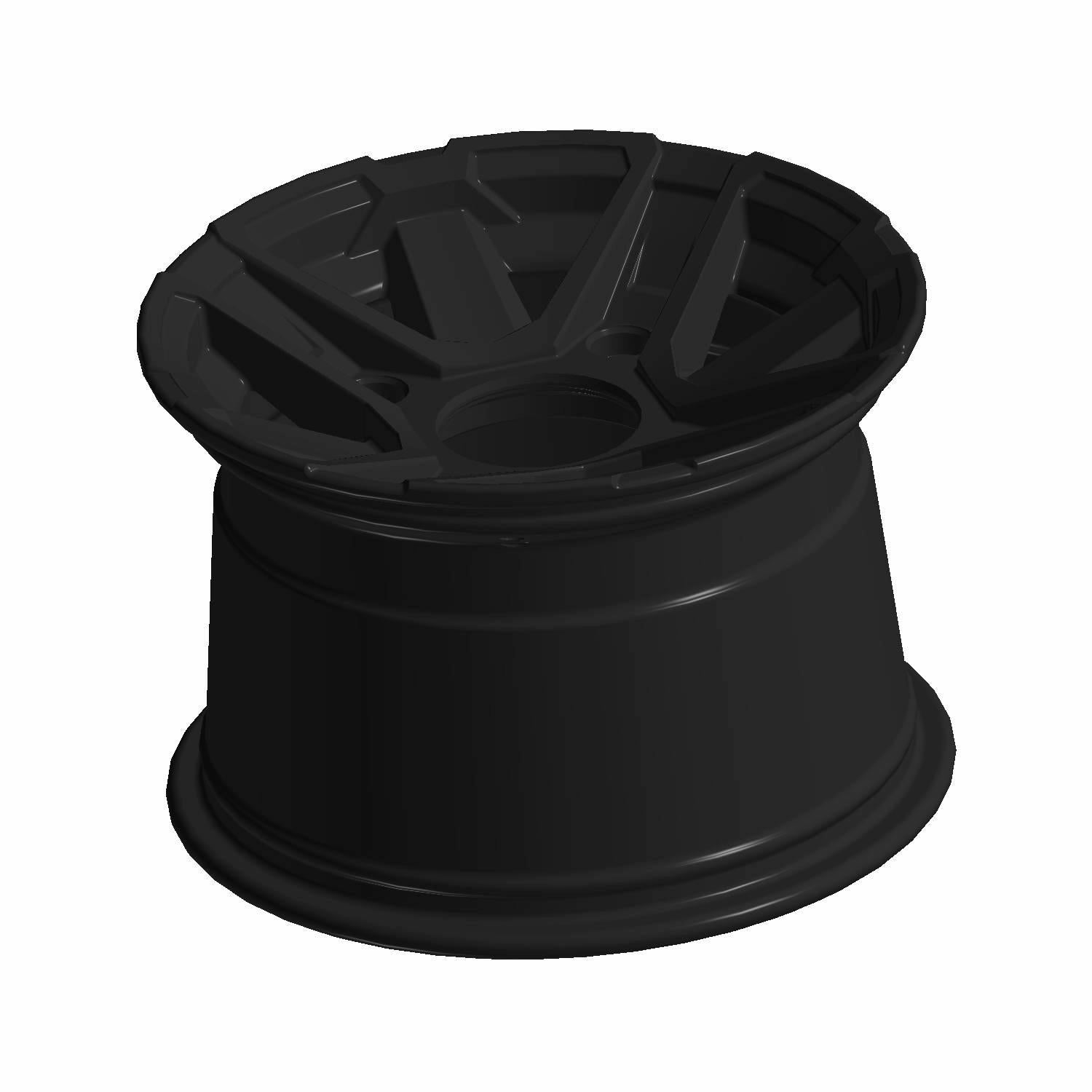 Matte black 12x8 aluminum rear rim with 31mm offset and angular spoke design.