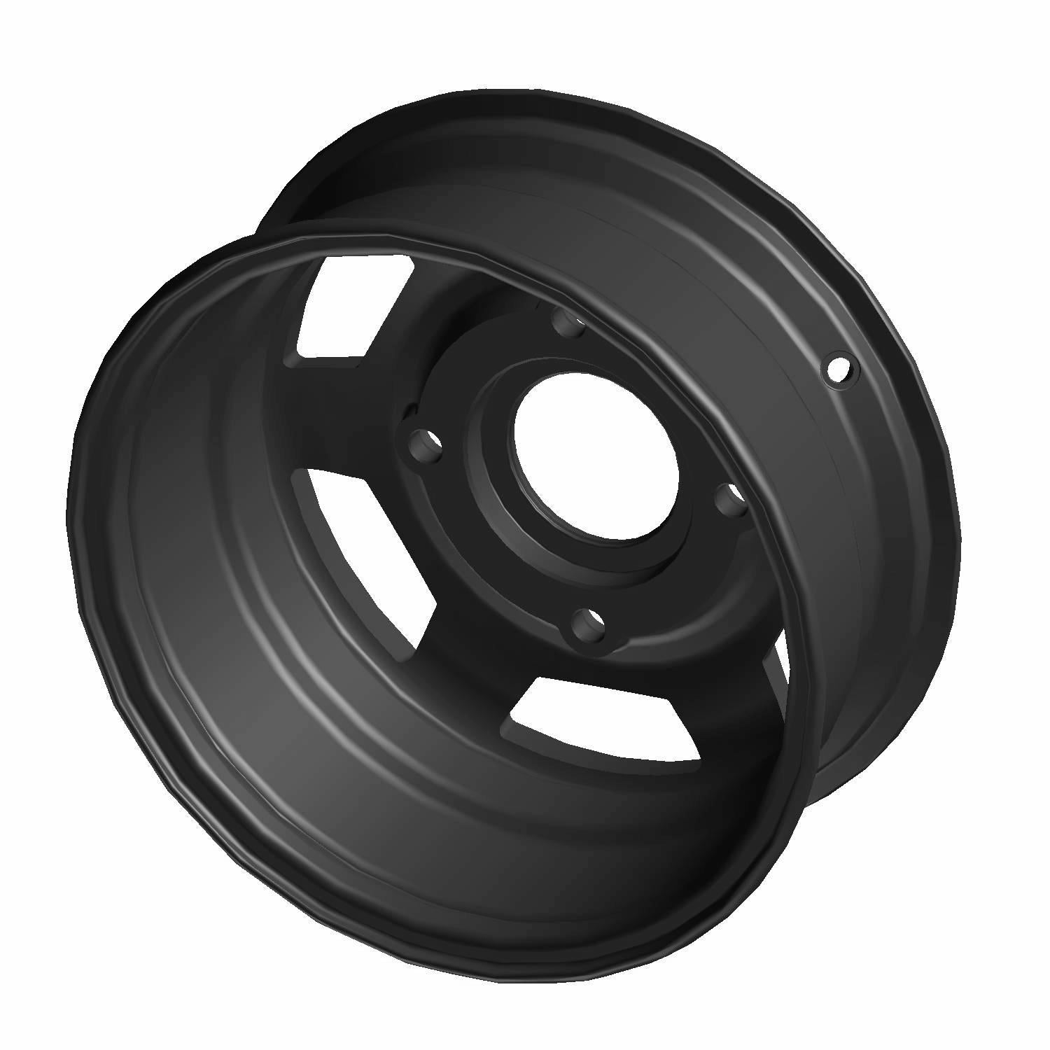 Matte black 14x6 cast beadlock off-road rim with five-spoke design and central hub holes.