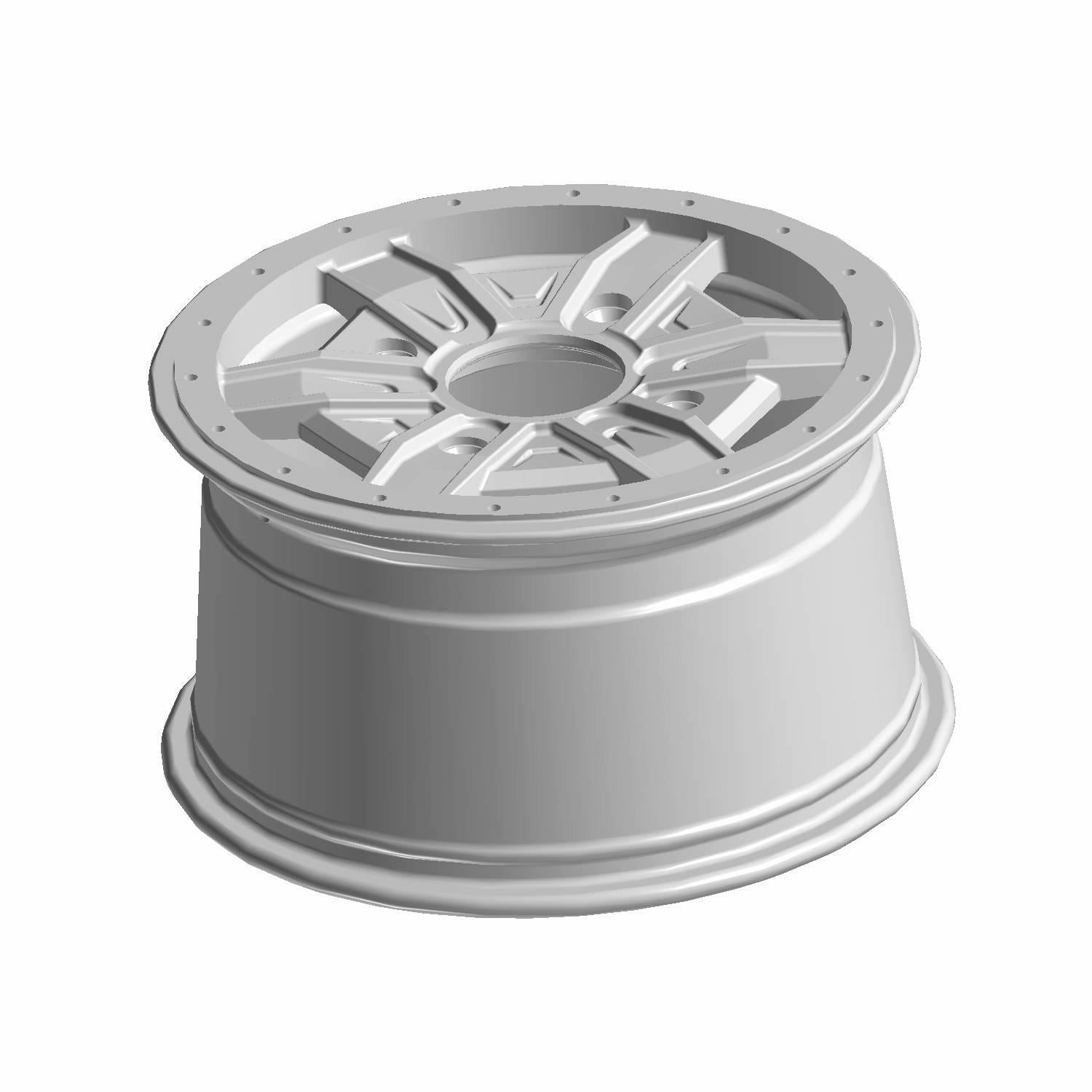 Silver metallic off-road vehicle rim with multi-spoke design and drilled accents.