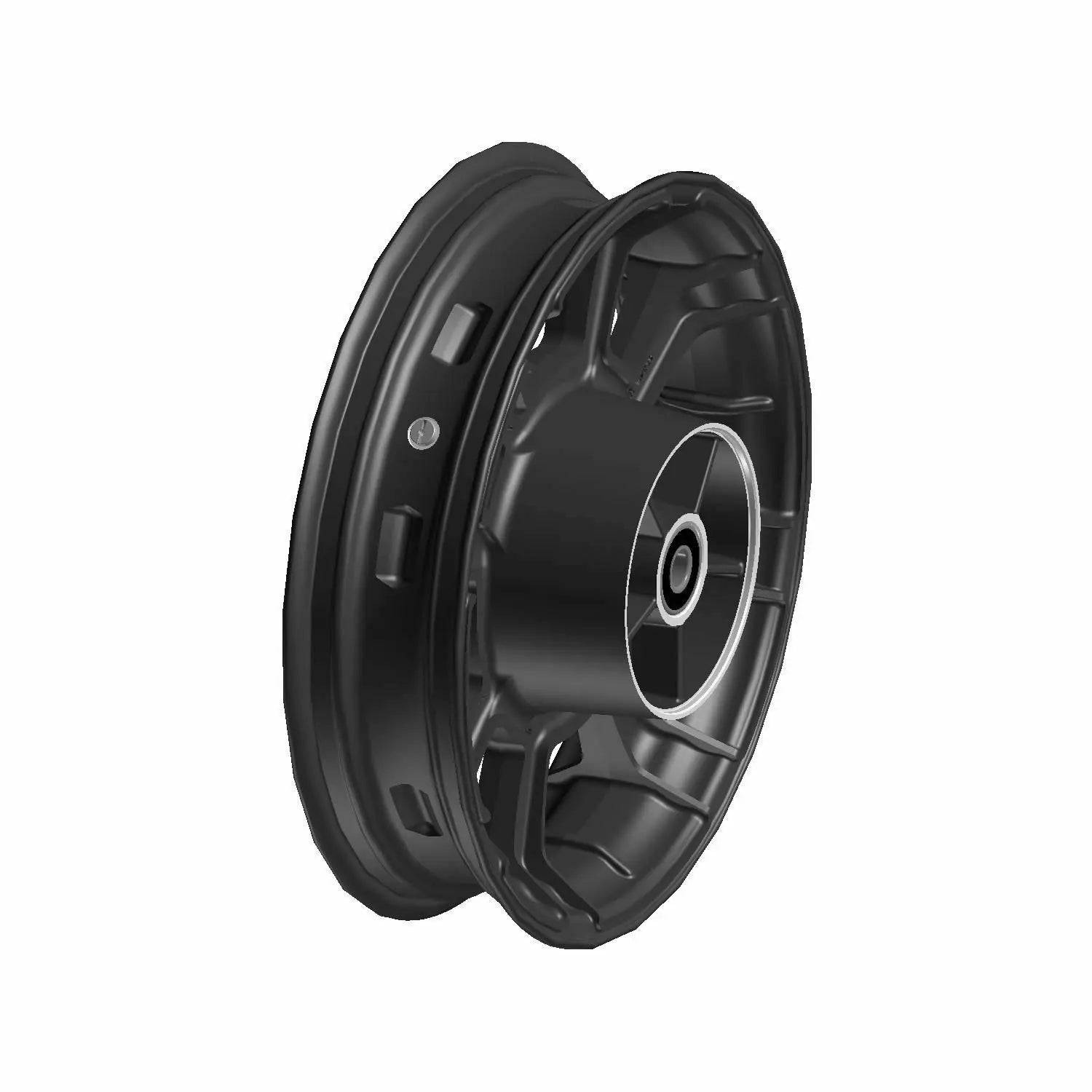 Black 16-inch rear motorcycle wheel rim with solid metal construction and central hub opening.