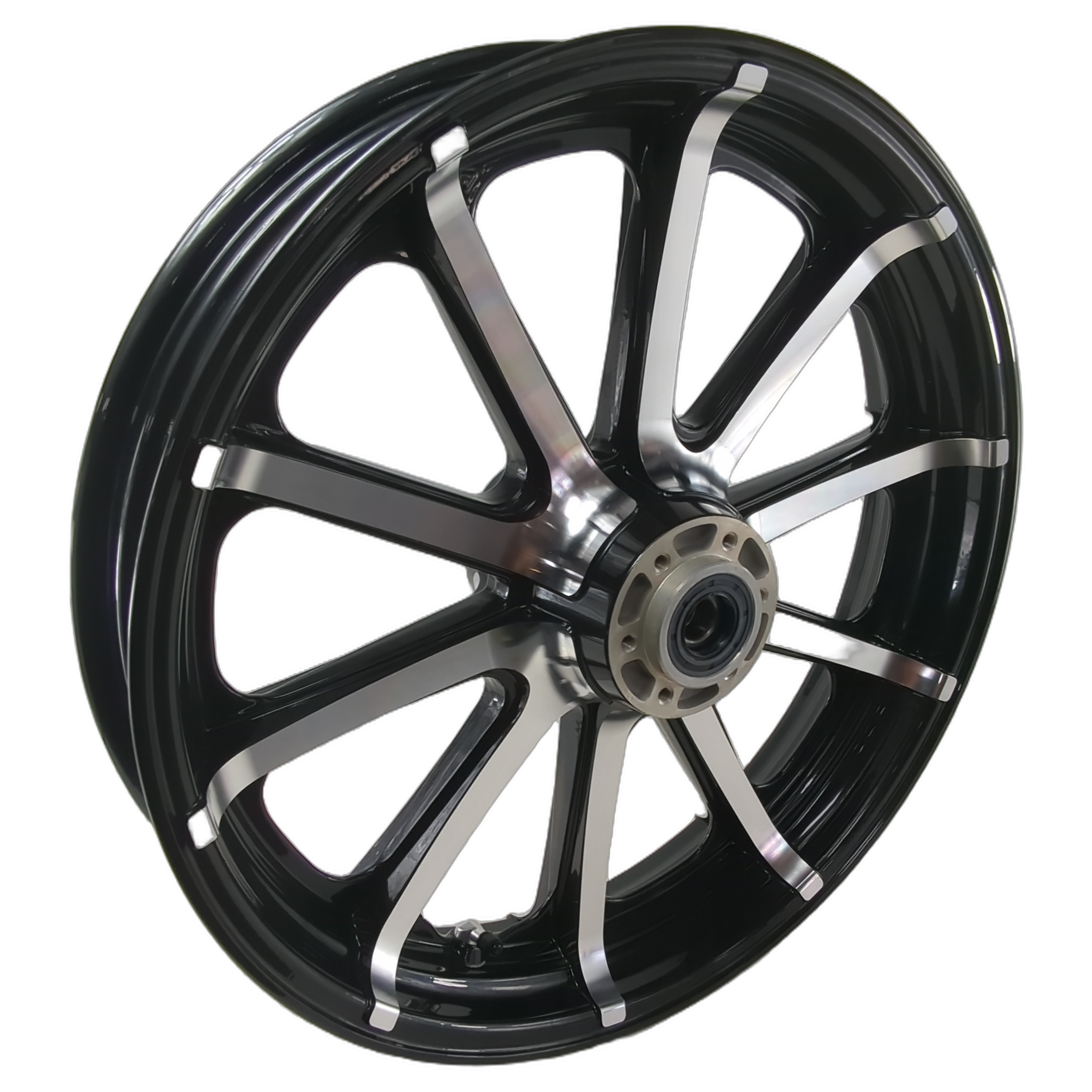 19” front motorcycle wheel with gloss black finish and polished silver spokes.