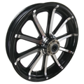 19” front motorcycle wheel with gloss black finish and polished silver spokes.