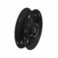 Black cast rear wheel with 18x4.25 size, featuring a solid central hub and angular spokes.