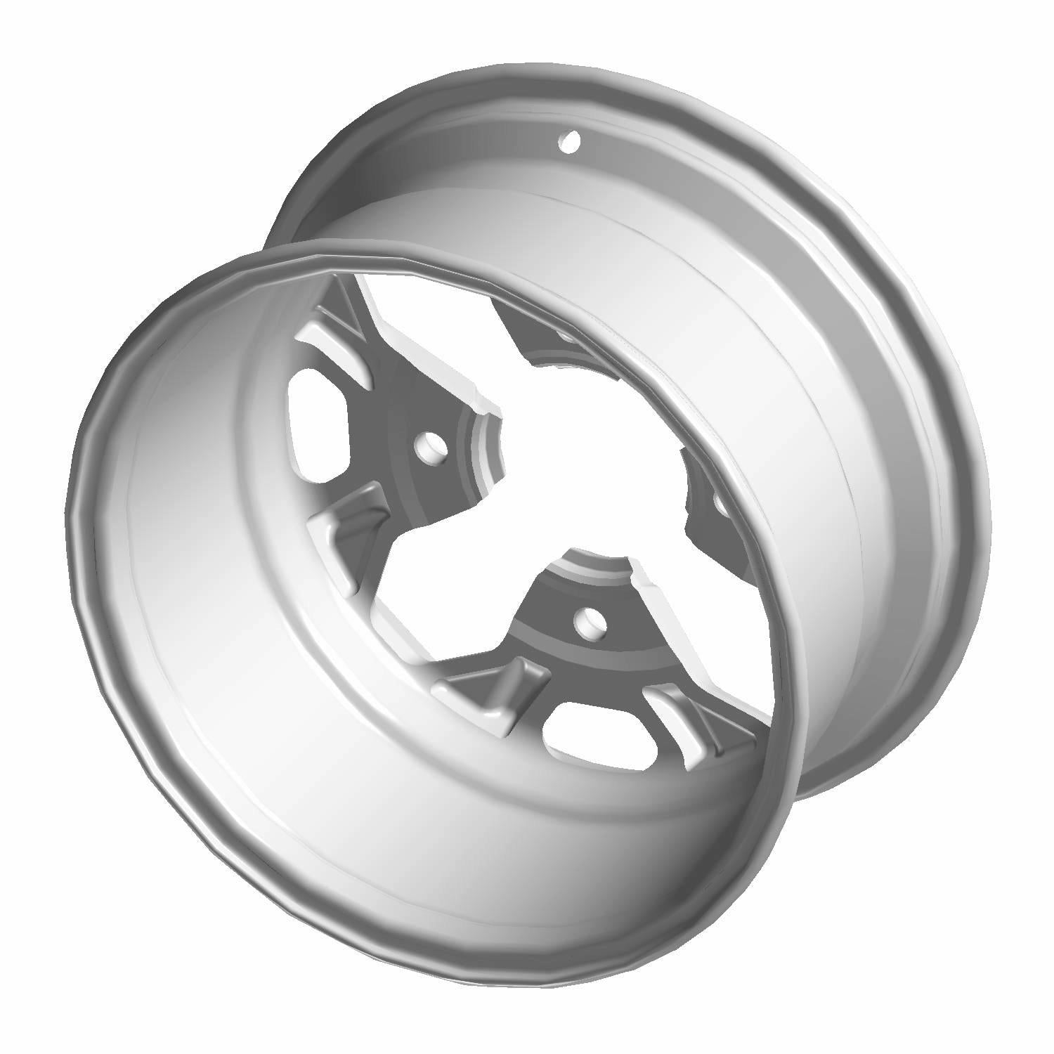 Silver metallic 14x7 off-road rim with five triangular cutouts and central hub holes.
