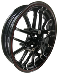 Glossy black 19-inch cast motorcycle front wheel with multi-spoke design and a thin red rim stripe.