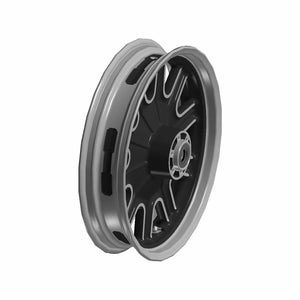 Black 17x3.5 front motorcycle wheel with silver rim and multi-spoke design.