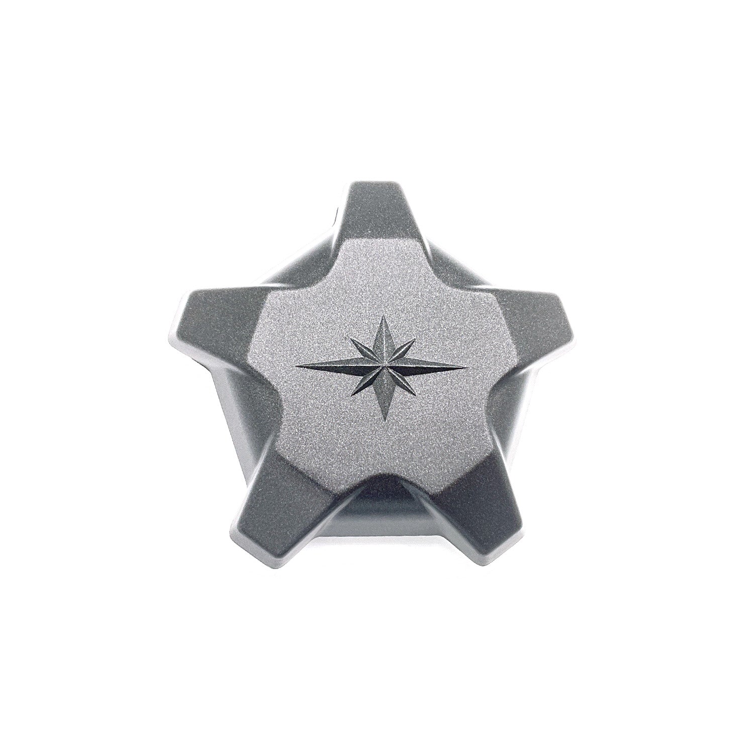 Matte black five-lug wheel center cap with raised star emblem and angular design edges.