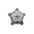 Matte black five-lug wheel center cap with raised star emblem and angular design edges.