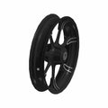 Black 19x3.5 cast motorcycle front wheel with six curved spokes and subtle white accent lines.