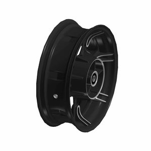 Black cast aluminum rear wheel with a 16x5.0 size and multiple spoke slots.