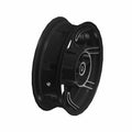 Black cast rear motorcycle wheel with five solid spokes and central hub opening.