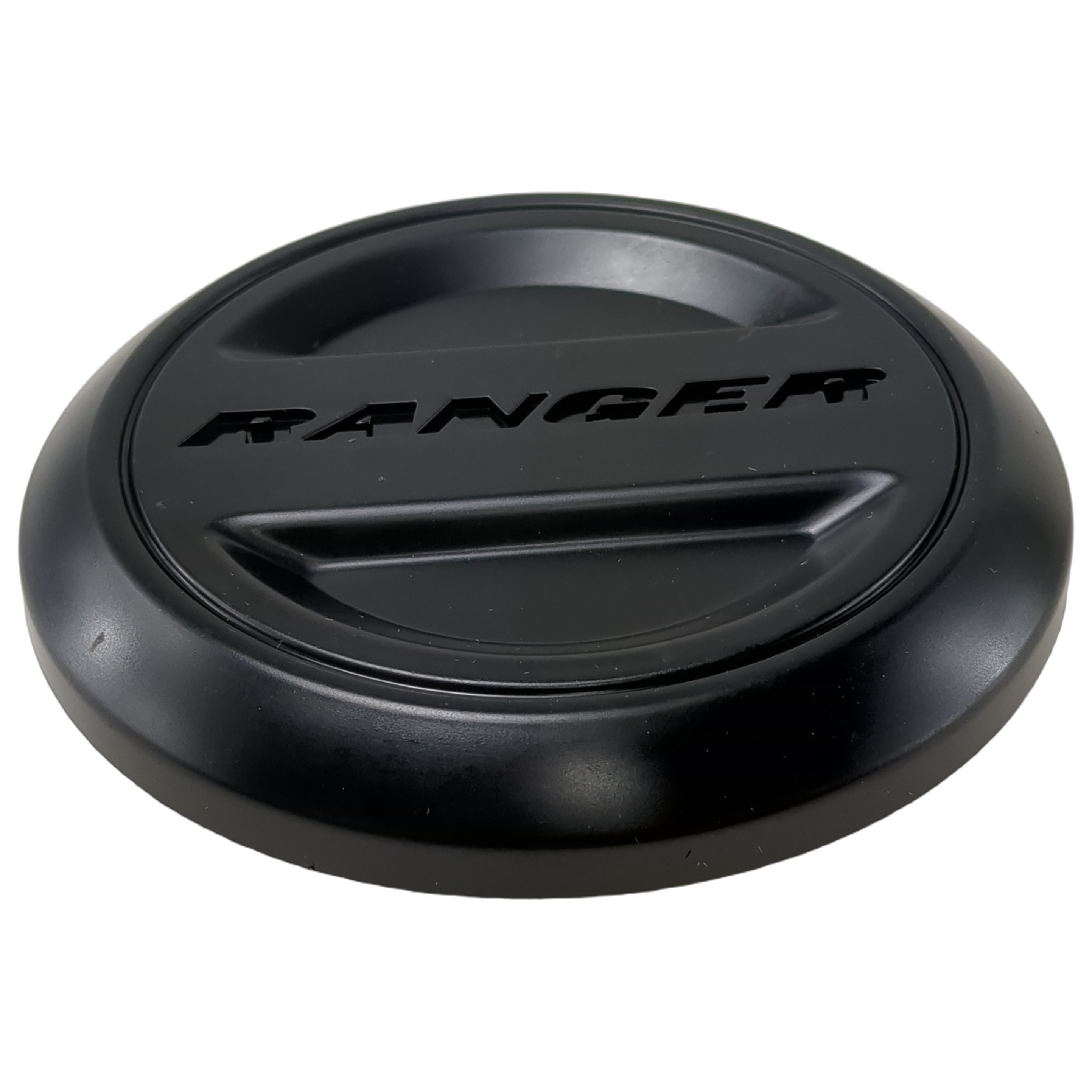 Black circular wheel center cap with raised "RANGER" text and two indented grooves.