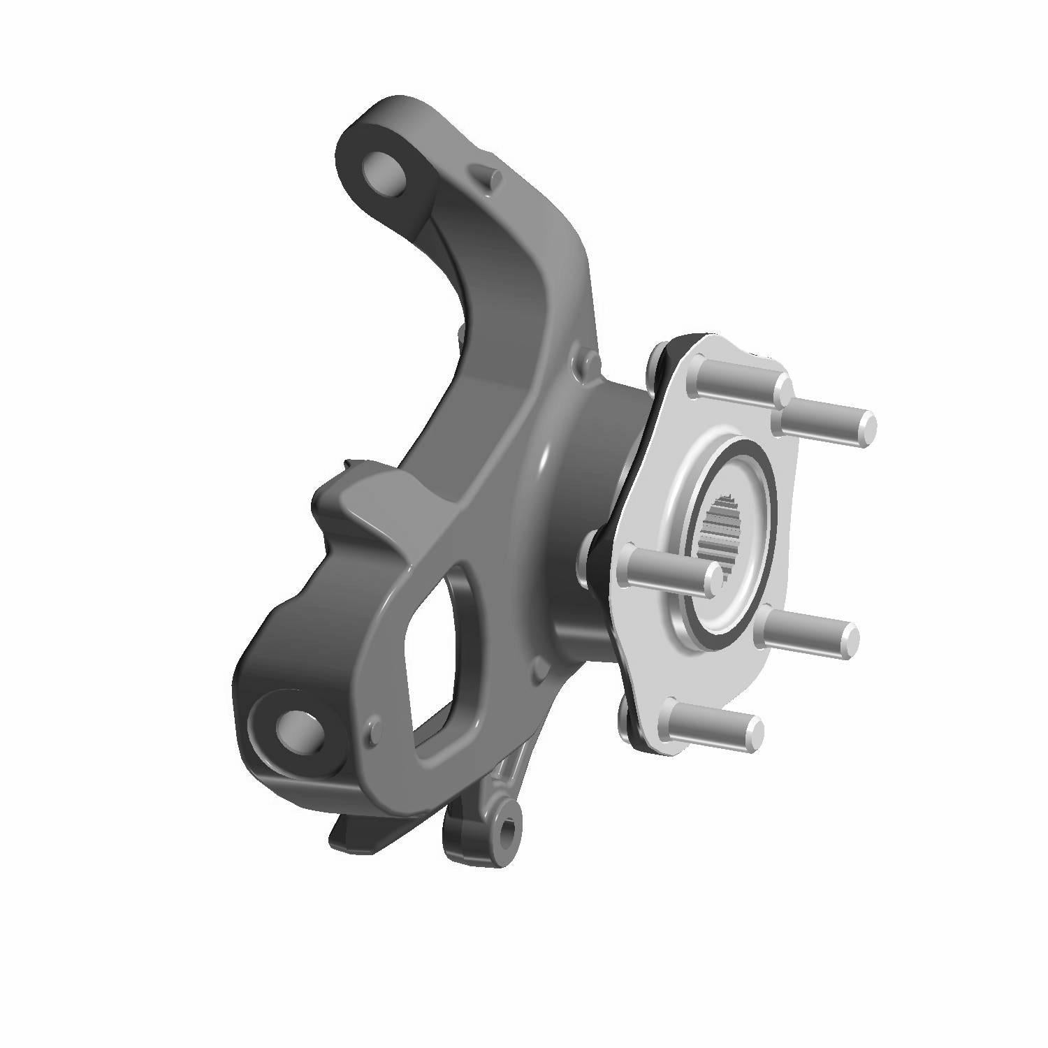 Gray metal steering knuckle with hub mounting studs and multiple attachment points for Polaris UTVs.