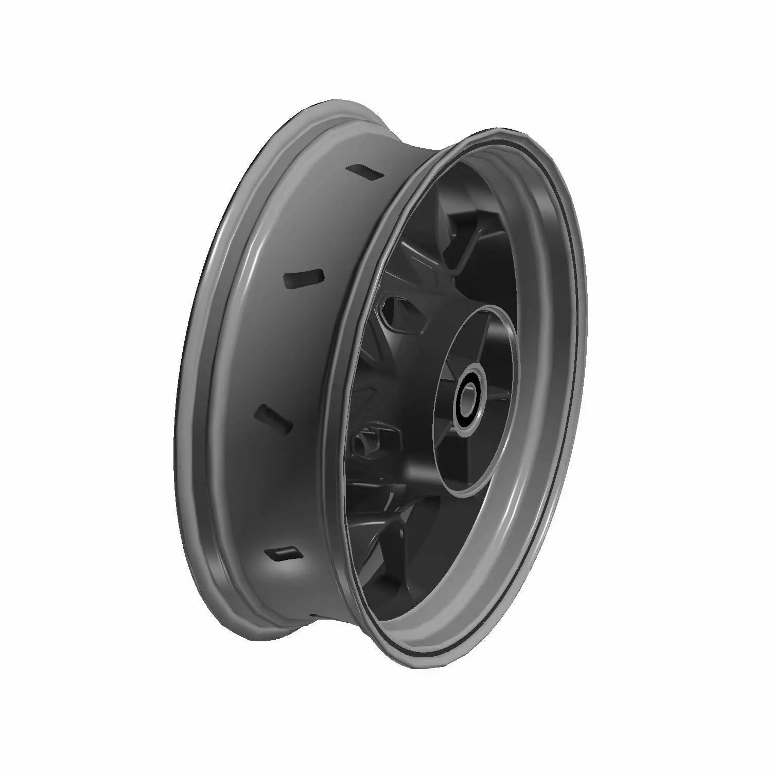 Cast rear motorcycle wheel in matte black with aerodynamic vents and six sturdy spokes.
