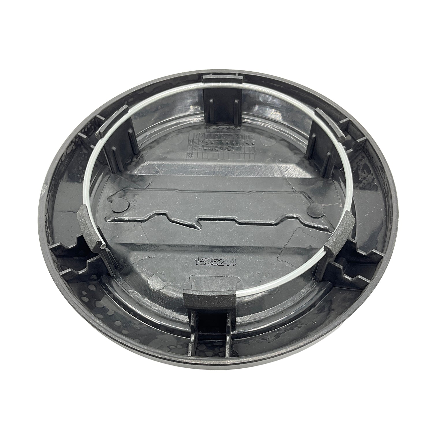 Black circular plastic rim cap with clips on the back for secure fitment.