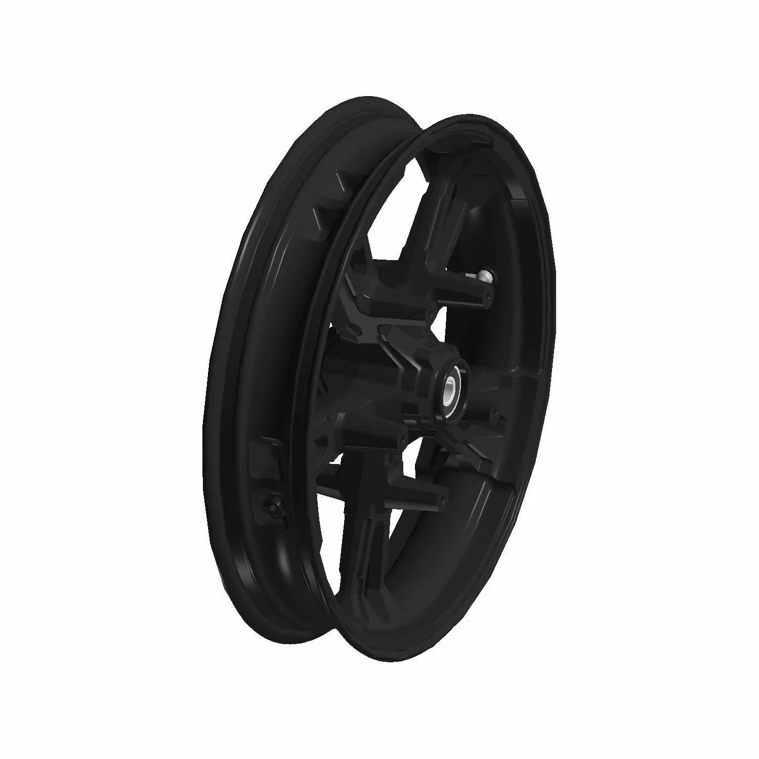 Black cast front motorcycle wheel with five solid spokes and central hub, 19x3.5 size.