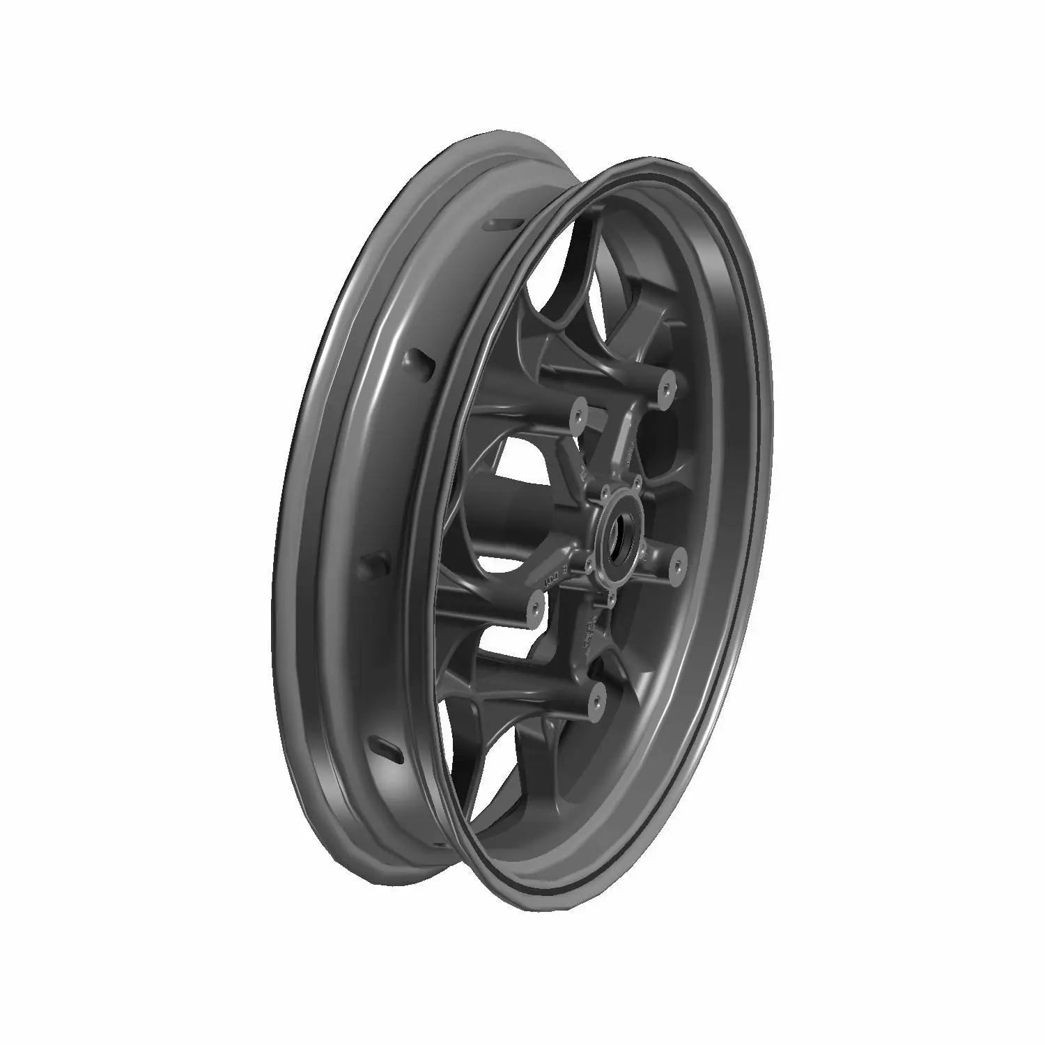 Black cast front motorcycle wheel with multiple spokes and central mounting holes.