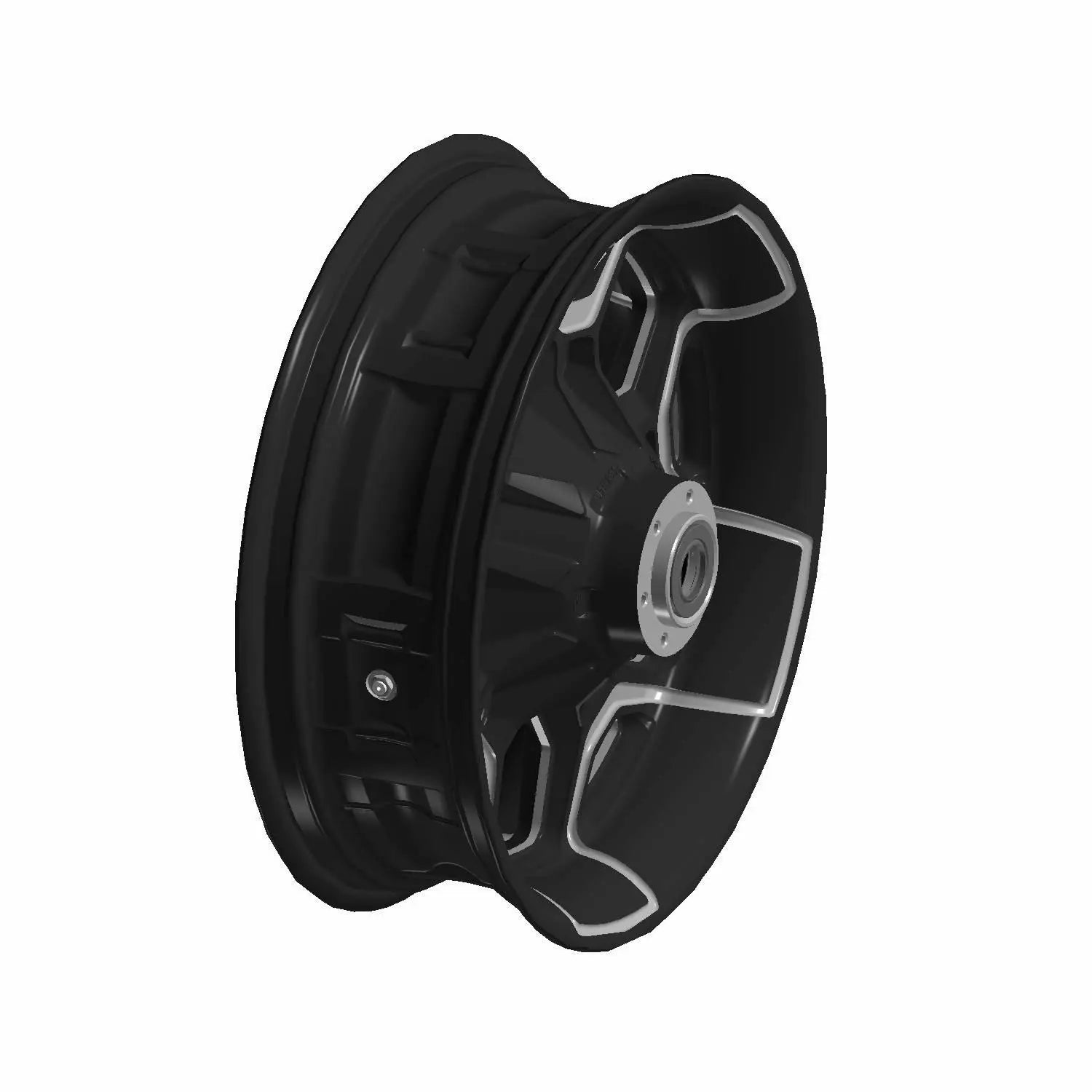Black cast rear wheel with five spokes and central bearing hub for motorcycle use.