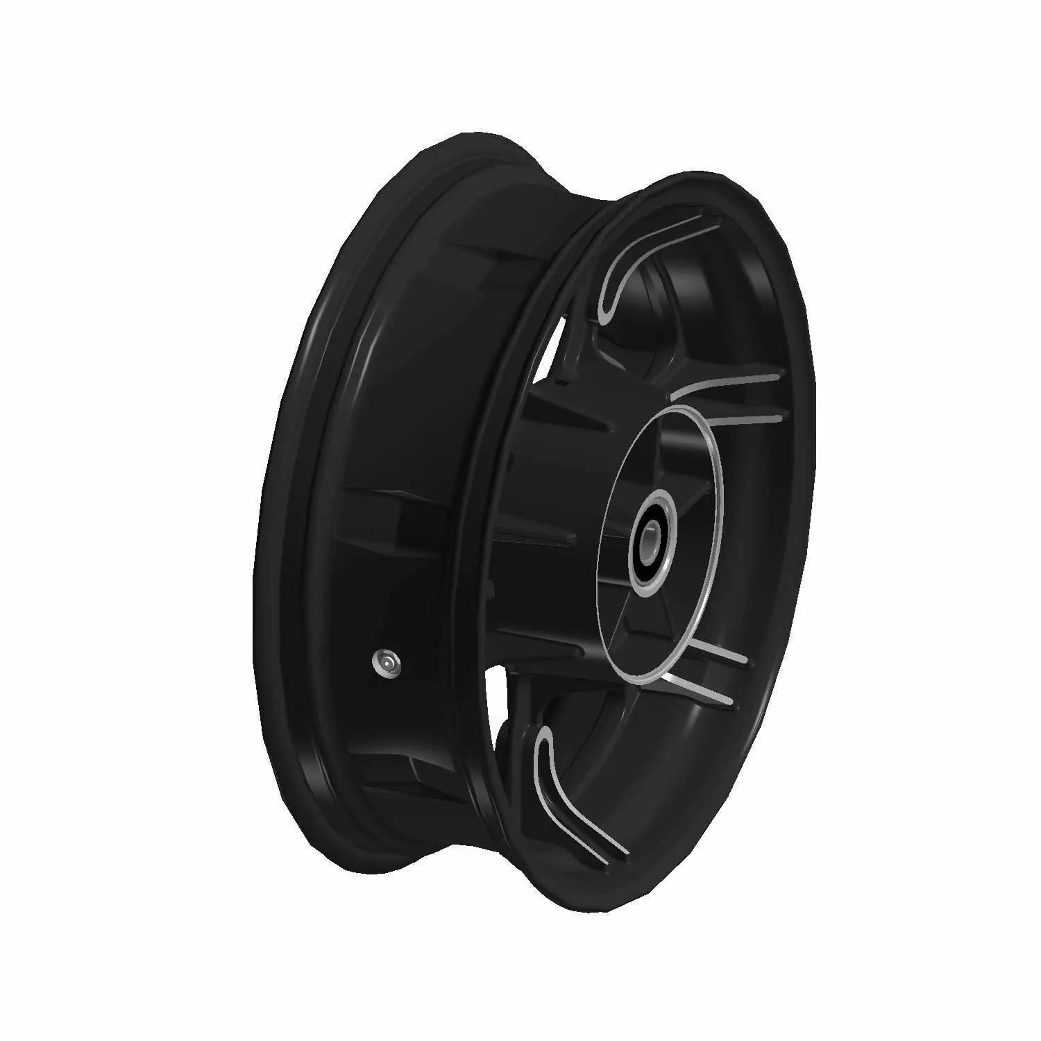 Black 16x5.0 rear motorcycle wheel with 7 spokes and central hub hole.