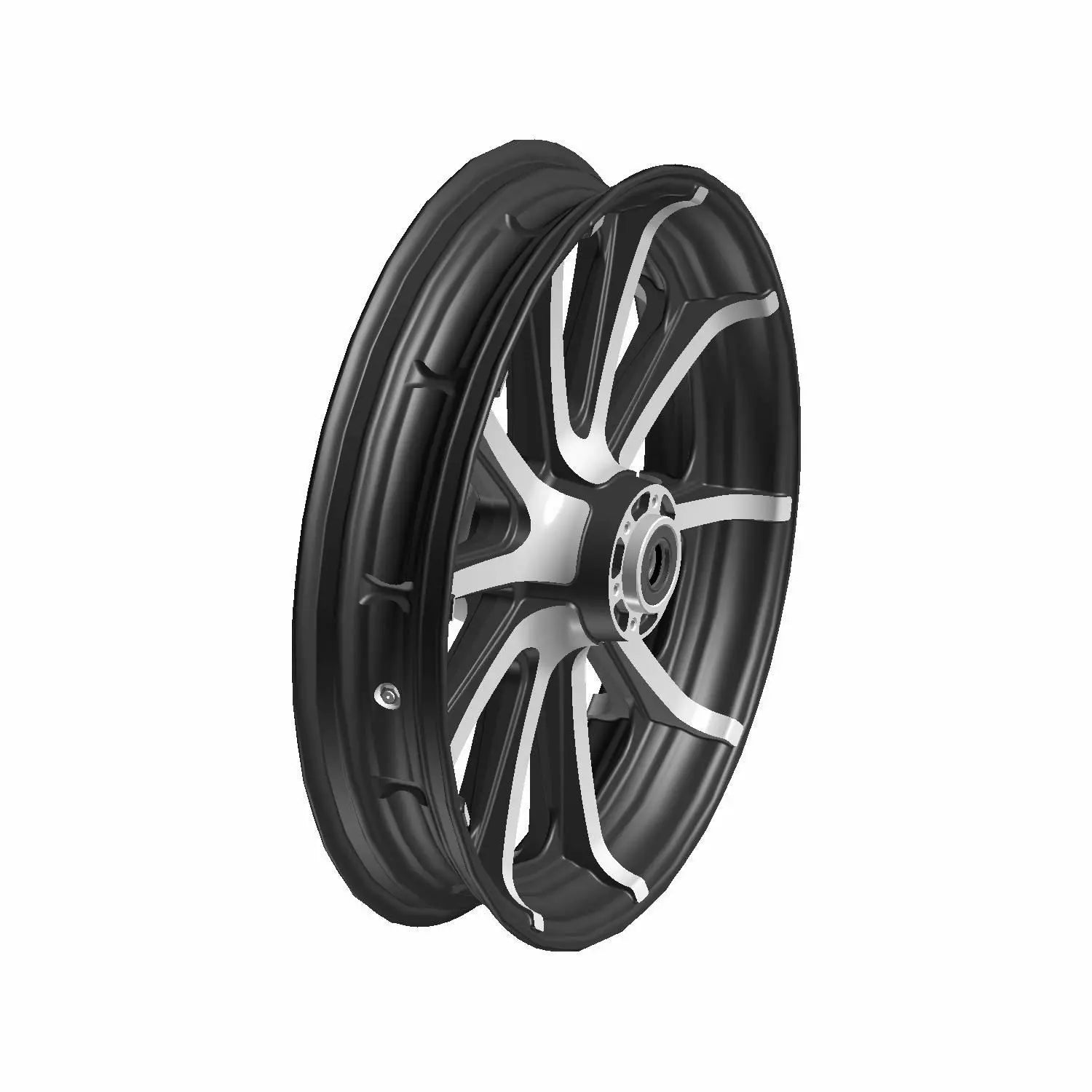 Black 19x3.5 front motorcycle wheel with cast aluminum spokes and silver accents.