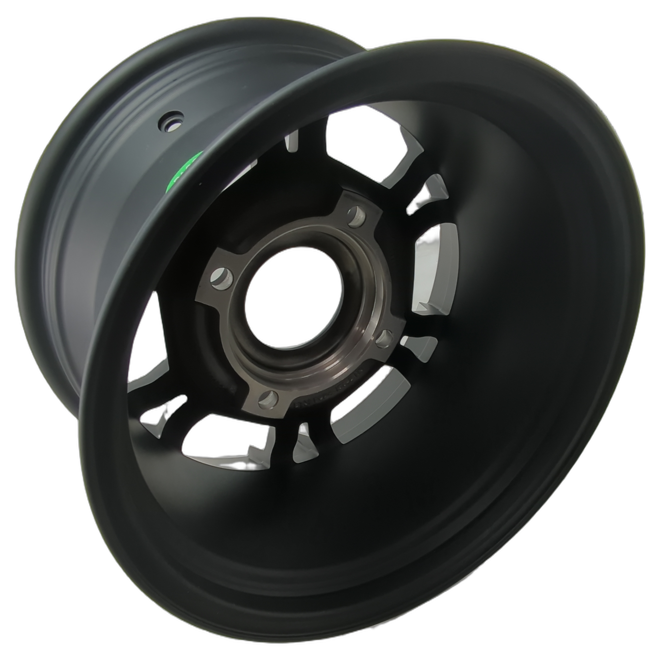 Matte black 14x8 rear wheel with 31.0 offset, designed for Polaris Ranger models, featuring multiple mounting holes and.