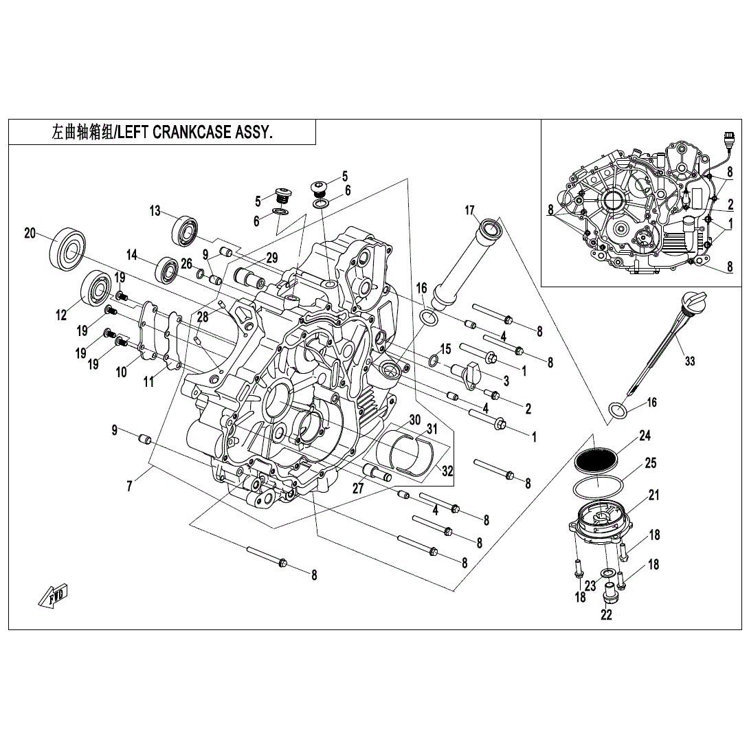 An Image of a Genuine CFMOTO Parts Schematic Diagram showing the schematic - LEFT CRANKCASE ASSY - 2021 CFMOTO ZFORCE 500